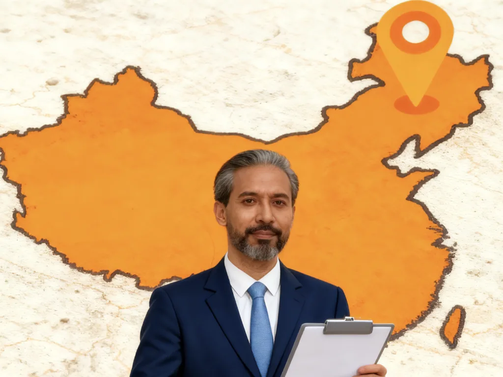 A middle-aged man in a navy suit holding a clipboard stands in front of an orange map of China with a large location pin marking a point in the northeastern region.