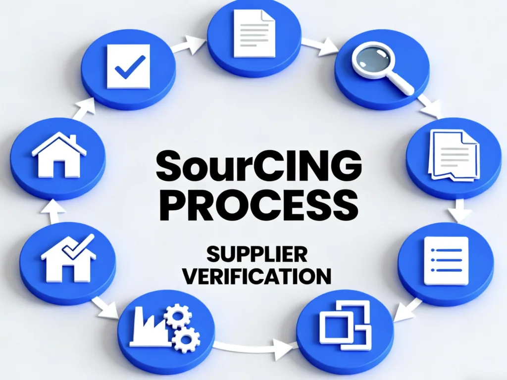 A circular blue-and-white workflow diagram illustrating the sourcing process for supplier verification, featuring icons such as documents, checkmarks, a magnifying glass, a house, gears, and duplicate files.