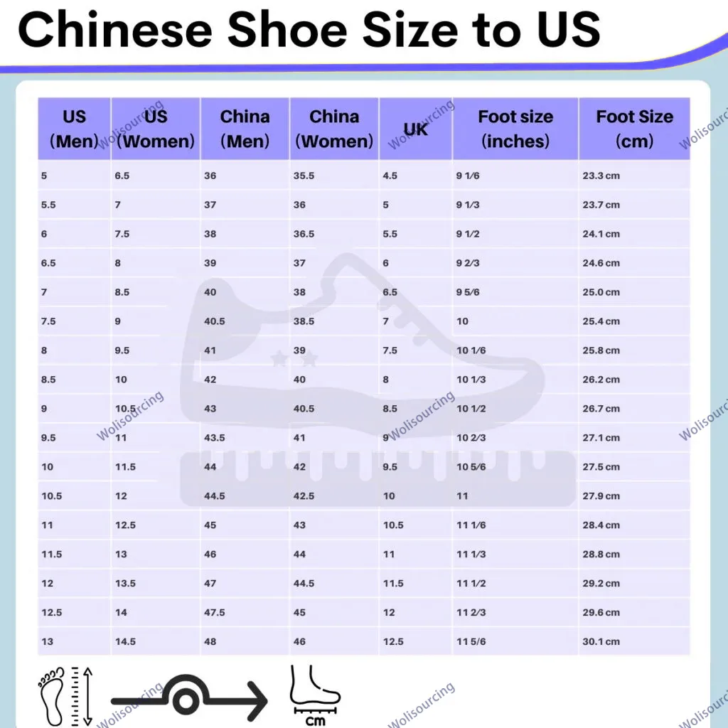 Chinese shoe size to US size conversion chart showing men’s and women’s sizes with foot length in inches and centimeters.