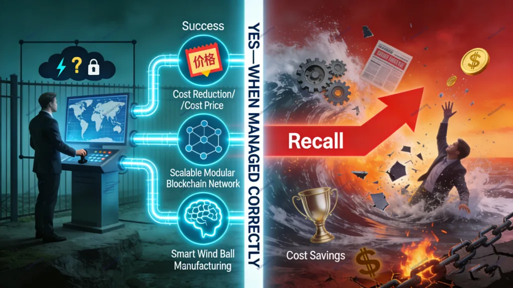 Split illustration comparing well-managed procurement leading to cost reduction and success versus poor management causing recalls, disruptions, and financial loss.