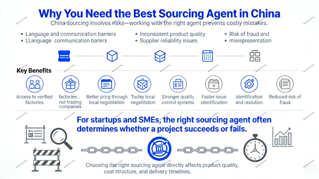 Infographic explaining why you need the best sourcing agent in China, highlighting risks like communication barriers, quality issues, fraud, and the benefits of verified factories and better quality control.