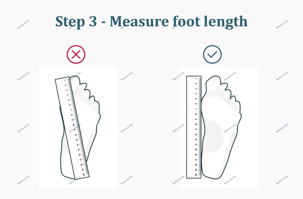 Illustration showing the correct and incorrect way to measure foot length using a ruler, highlighting proper heel-to-toe alignment.