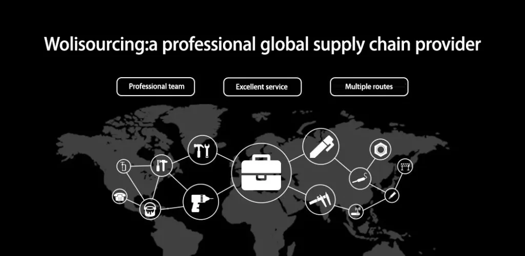 Illustration showing Wolisourcing as a professional global supply chain provider, with a world map background and icons representing tools, logistics, and service features such as a professional team, excellent service, and multiple routes.