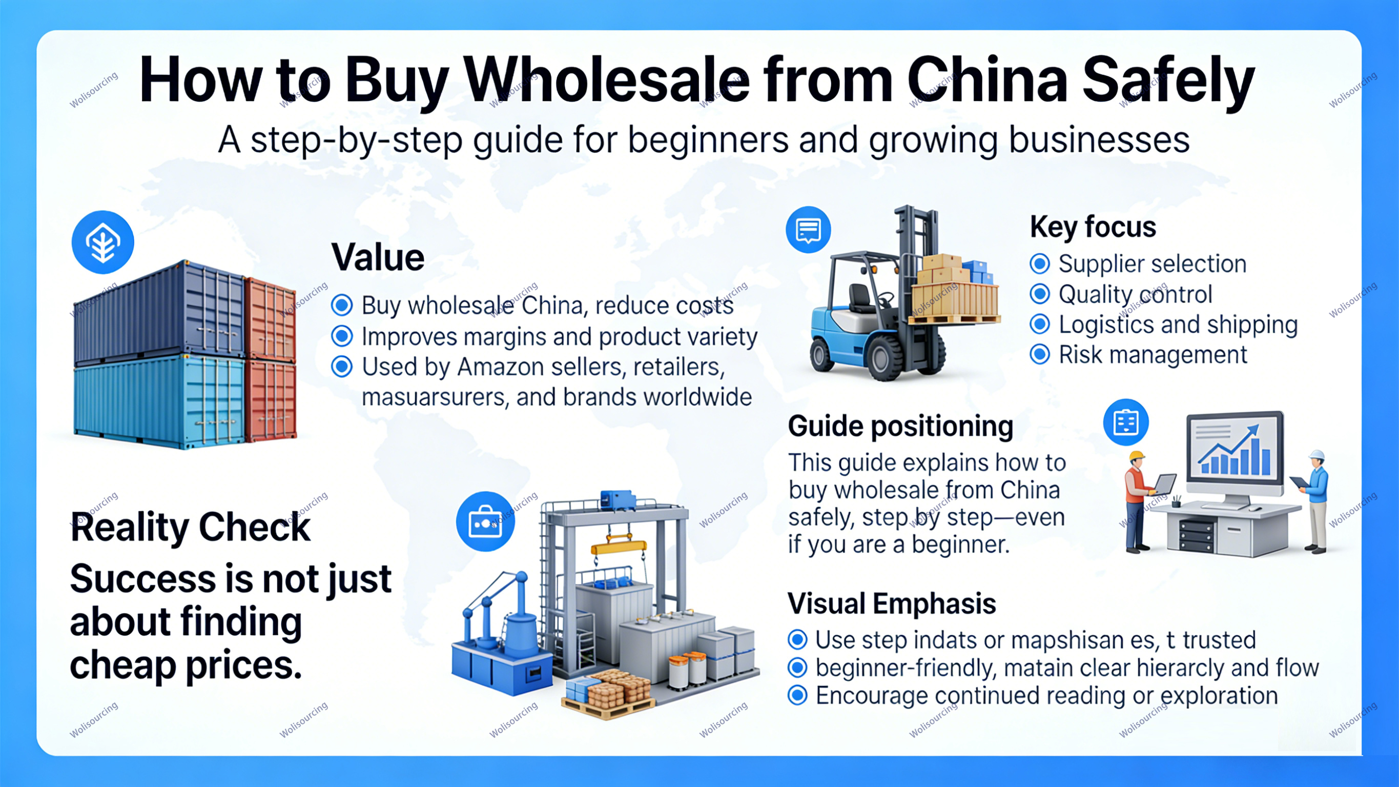 Infographic explaining how to buy wholesale from China safely, covering supplier selection, quality control, logistics, and risk management.