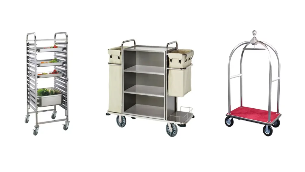 Three commercial service trolleys including a stainless steel kitchen tray trolley, a housekeeping cart, and a hotel luggage trolley on wheels.