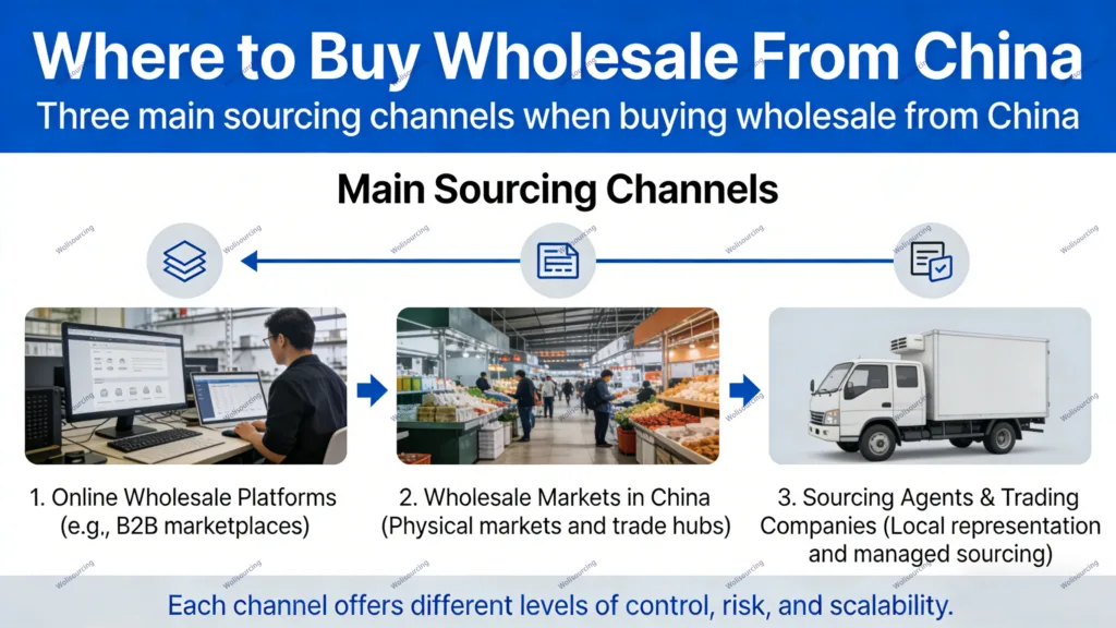 Infographic showing where to buy wholesale from China, including online B2B platforms, wholesale markets, and sourcing agents.