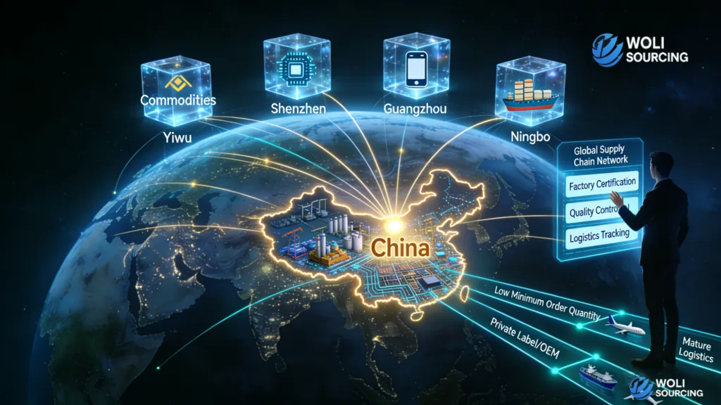 Visual map of China sourcing agent network showing manufacturing hubs like Shenzhen, Guangzhou, Yiwu, and Ningbo connected to global supply chains, quality control, and logistics.