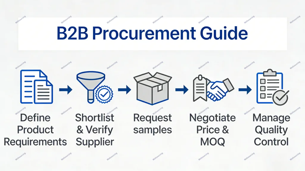 B2B procurement guide infographic showing steps to define requirements, verify suppliers, request samples, negotiate price, and manage quality.
