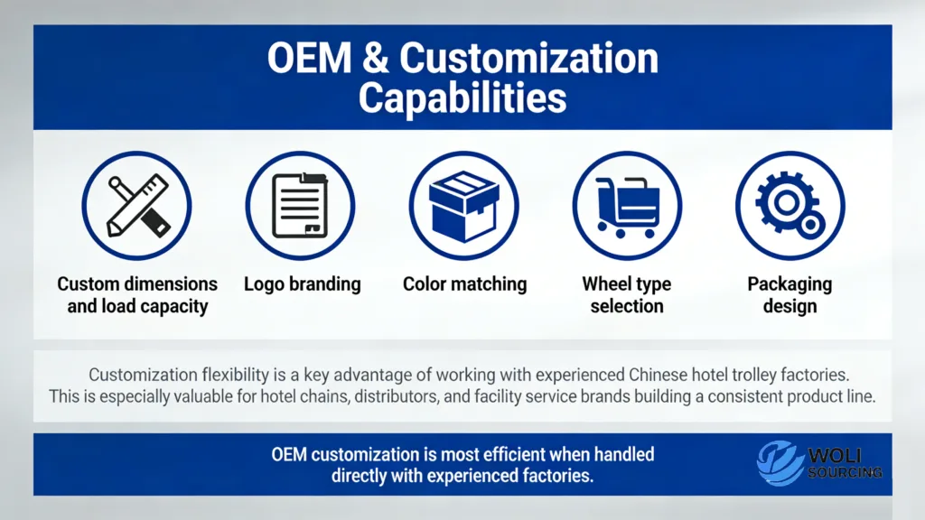 OEM customization options for hotel trolleys including custom dimensions, logo branding, color matching, wheel selection, and packaging design.