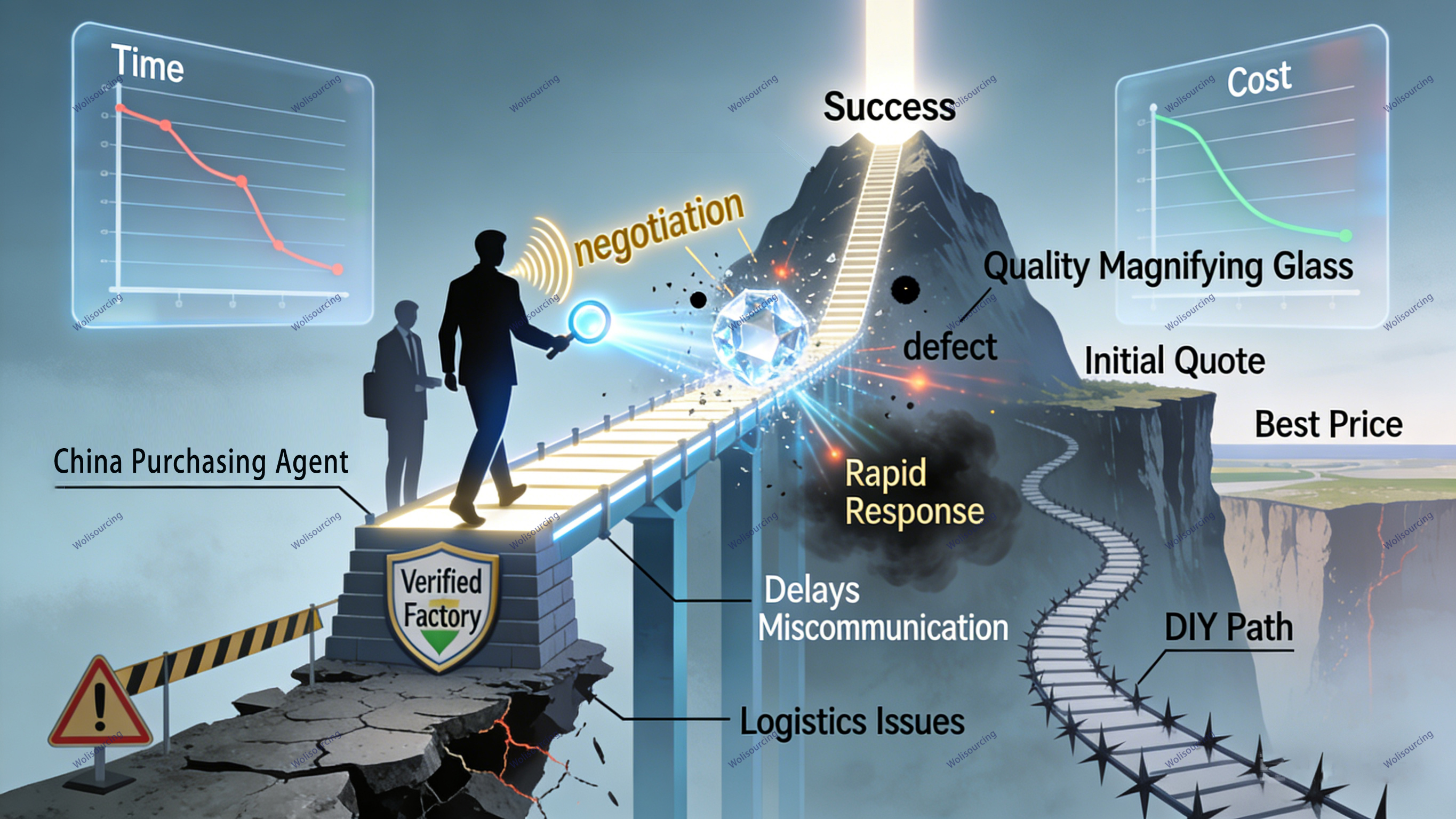 Illustration comparing a China purchasing agent to DIY sourcing, showing faster negotiation, verified factories, quality control, lower costs, and fewer delays versus risks and miscommunication.