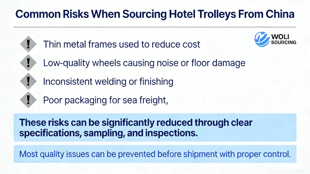 Common risks when sourcing hotel trolleys from China, including thin metal frames, low-quality wheels, poor welding, and weak export packaging.