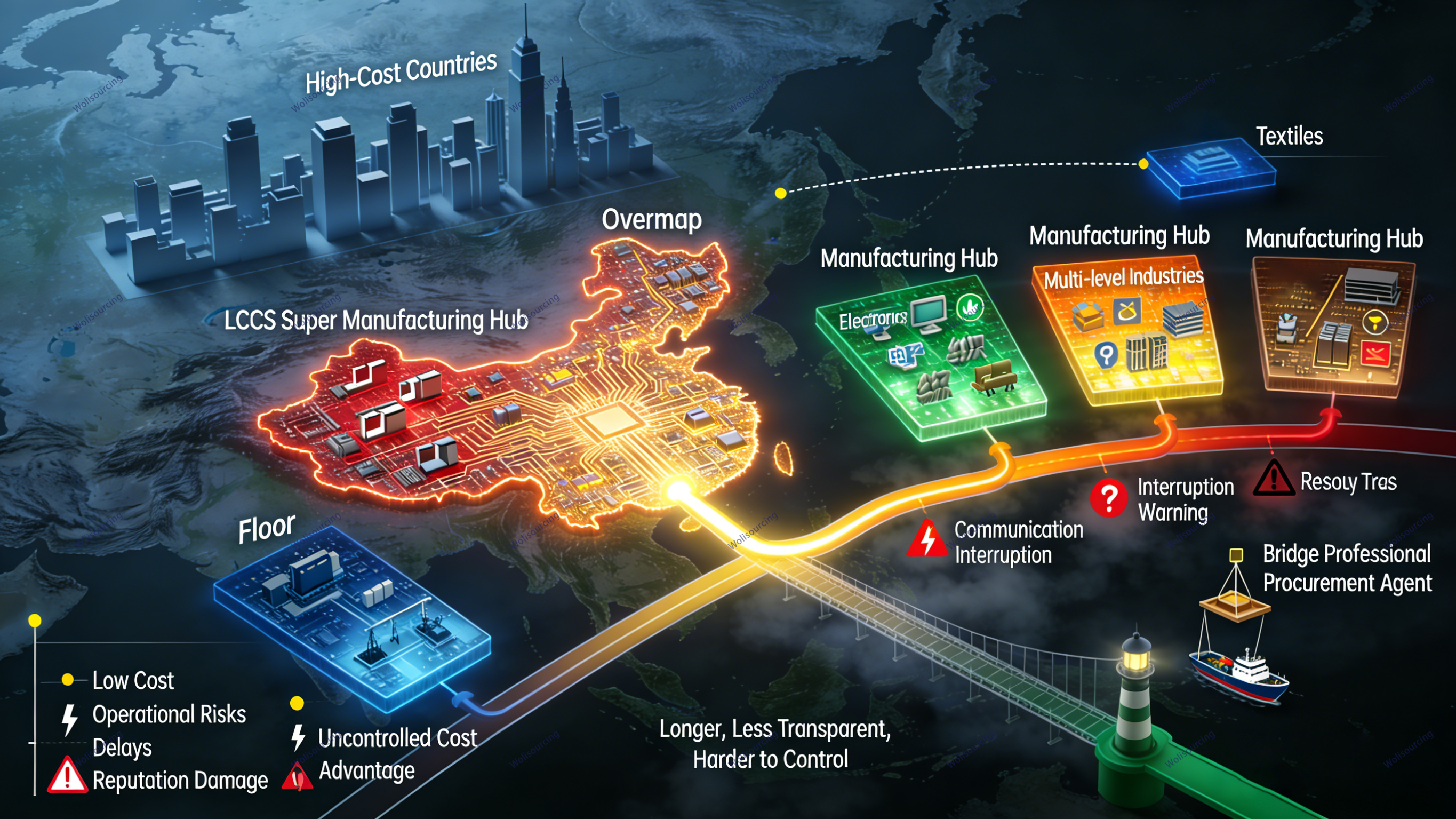 Infographic showing China as a global manufacturing hub compared to high-cost countries, highlighting electronics, textiles, multi-industry hubs, supply chain risks, and the role of a procurement agent.
