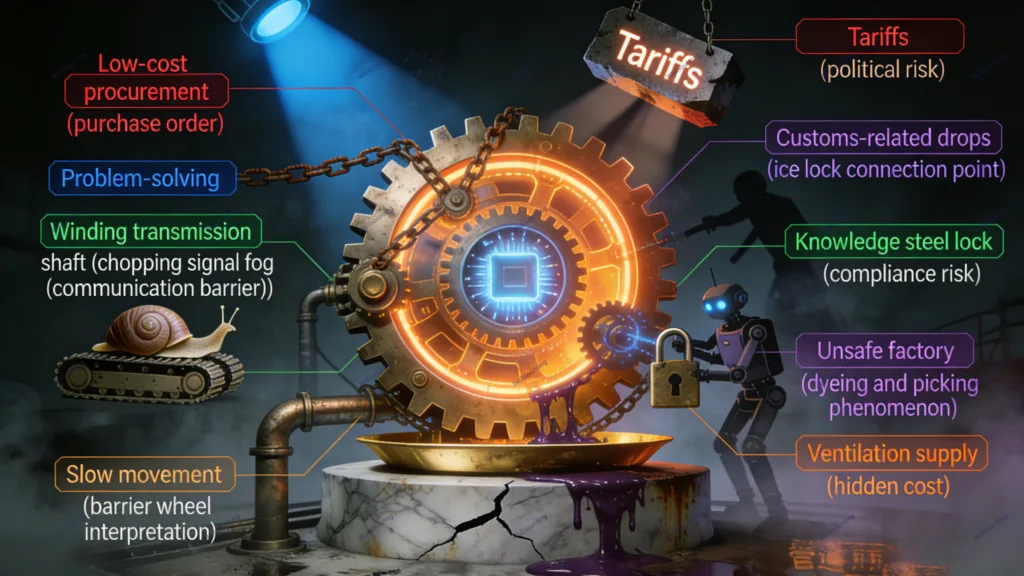 Illustration showing hidden risks in low-cost procurement, including tariffs, customs delays, compliance issues, unsafe factories, communication barriers, and hidden costs in global sourcing.
