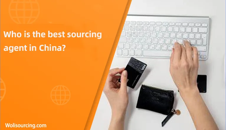 Hands typing on a white keyboard while holding a credit card beside a wallet, with an orange banner displaying the text “Who is the best sourcing agent in China?”