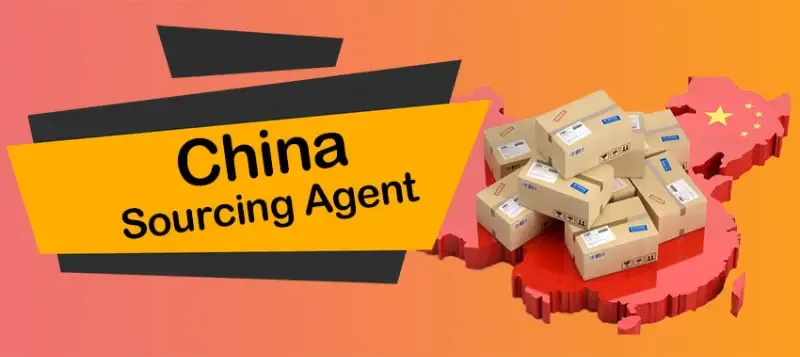 Illustration of stacked shipping parcels placed on a 3D red map of China, alongside a bold yellow banner displaying the text “China Sourcing Agent.”