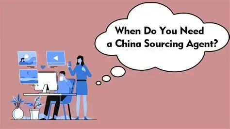 Illustration showing two people working at a computer with multiple screens, accompanied by a large speech bubble containing the text “When Do You Need a China Sourcing Agent?”