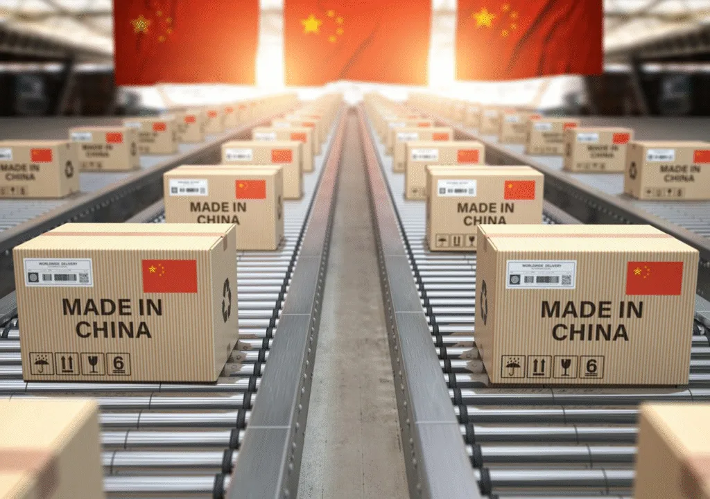 Cardboard shipping boxes labeled “Made in China” moving along automated conveyor belts inside a large warehouse, with Chinese flags in the background.