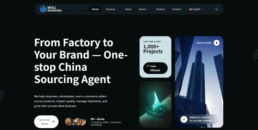 Homepage hero showing a one-stop China sourcing agent helping brands with product sourcing, quality inspection, logistics, and private label growth.