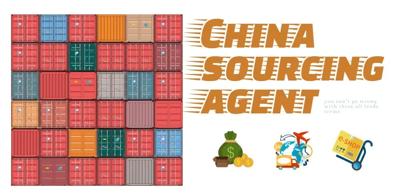 Graphic showing stacked multicolored shipping containers beside bold text reading “China Sourcing Agent,” accompanied by icons representing money savings, global logistics, and e-commerce fulfillment.