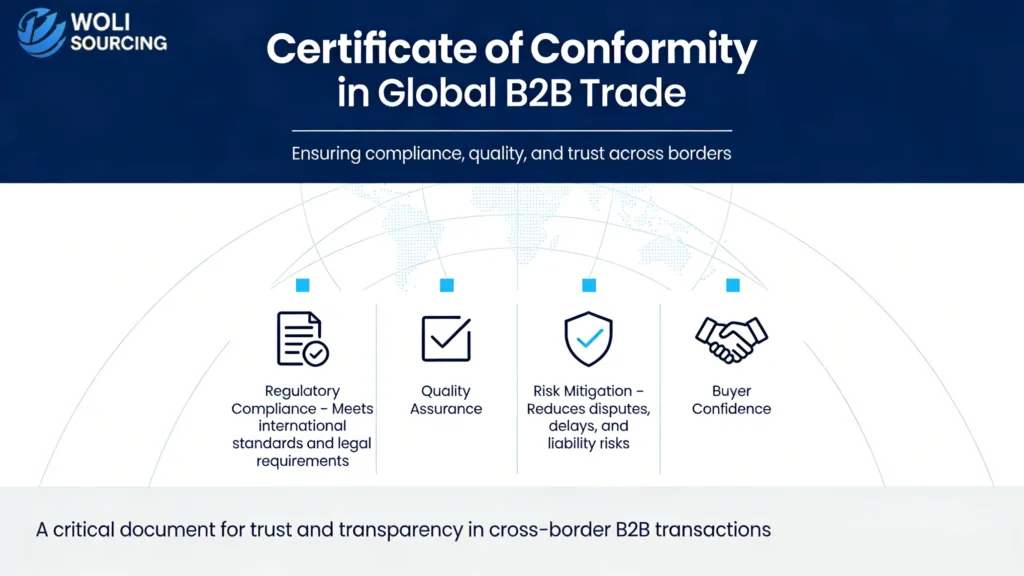 Certificate of Conformity in global B2B trade illustrating regulatory compliance, quality assurance, risk mitigation, and buyer confidence