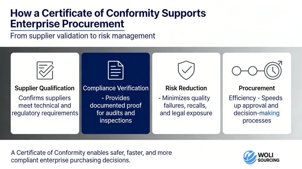 How a Certificate of Conformity supports enterprise procurement through supplier qualification, compliance verification, risk reduction, and efficiency