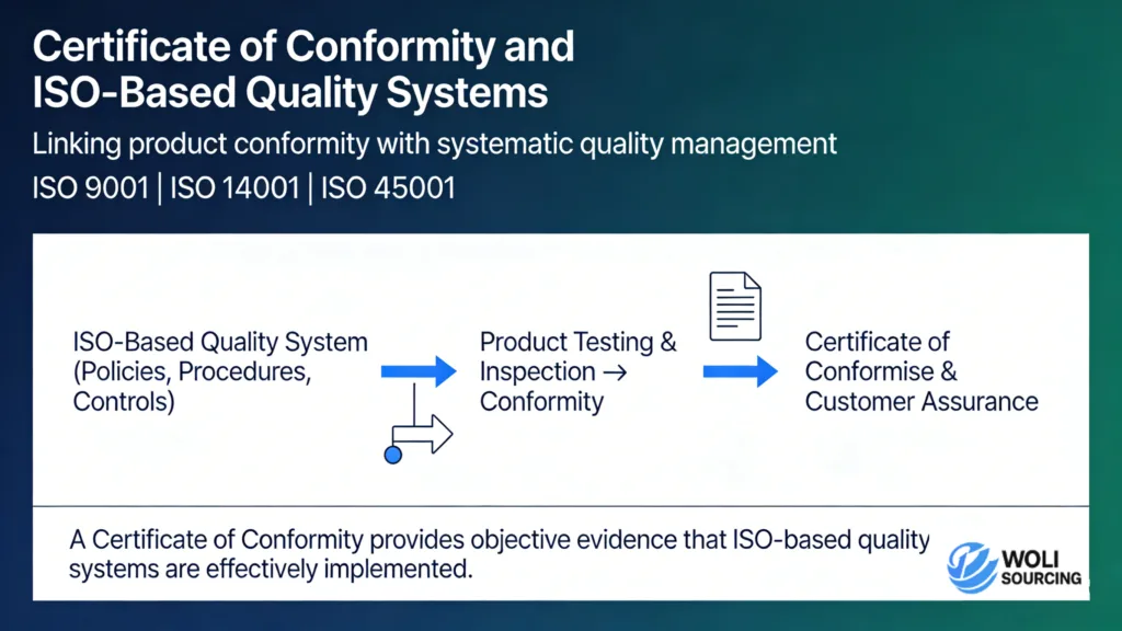 Certificate of Conformity linked to ISO-based quality systems including ISO 9001, ISO 14001, and ISO 45001