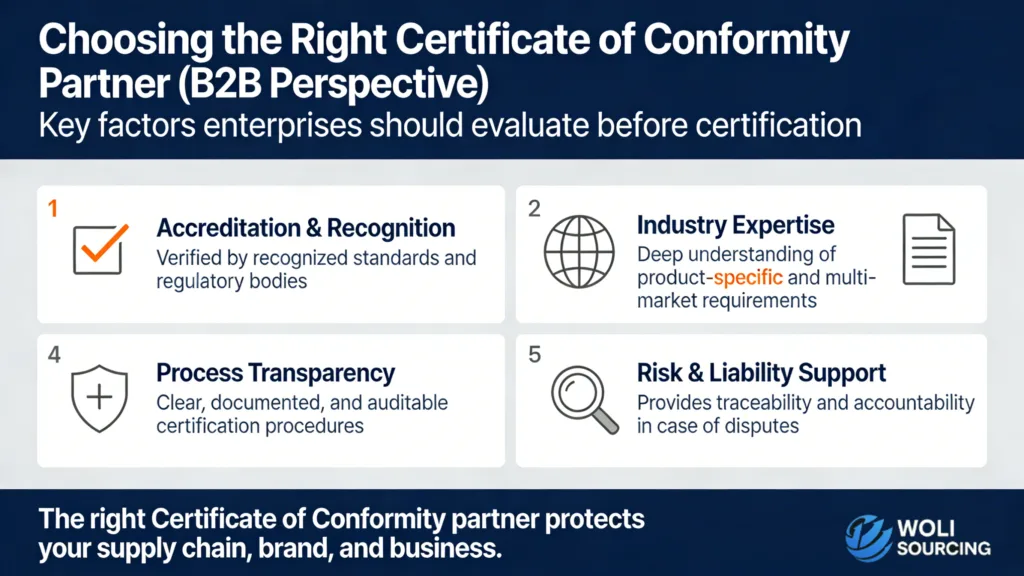 Choosing the right Certificate of Conformity partner highlighting accreditation, industry expertise, process transparency, and risk support