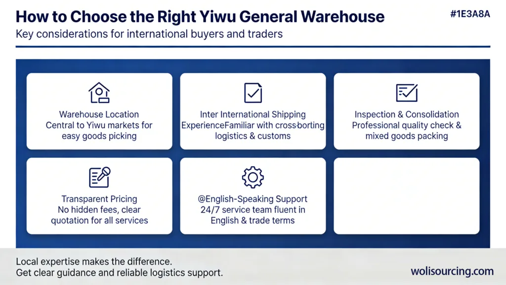 Infographic explaining how to choose the right Yiwu general warehouse, highlighting location, international shipping experience, inspection and consolidation, transparent pricing, and English-speaking support.